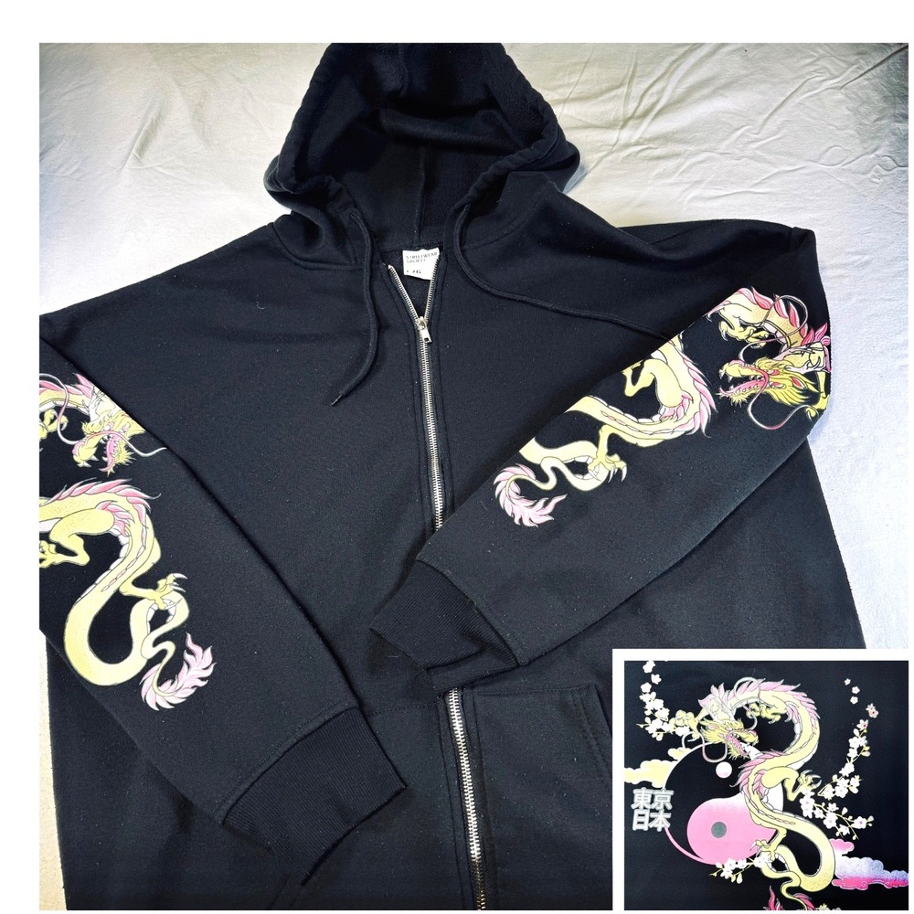 Streetwear Graphic Hoodie Y2k Dragon Fire And Flowers Men's Size Large